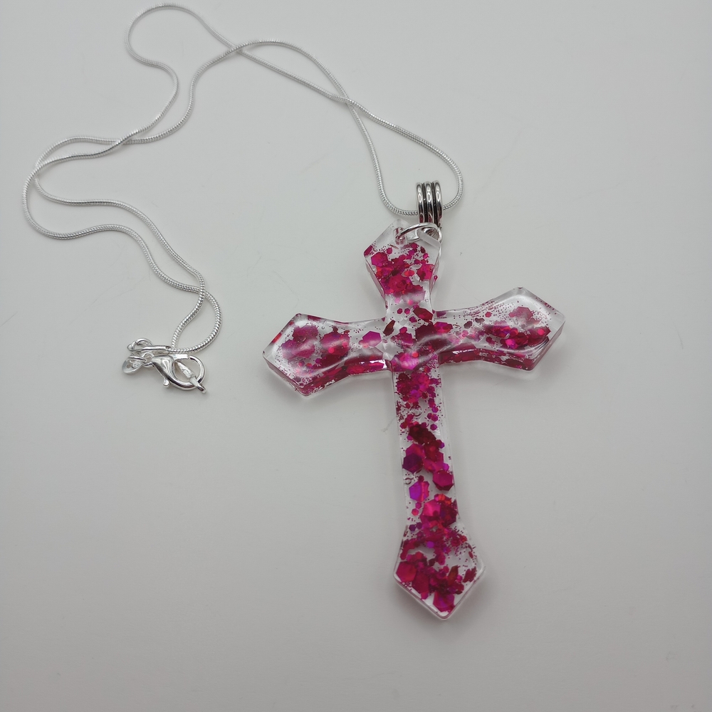 Resin Cross Pendant Necklace with Pink Floral Inlay